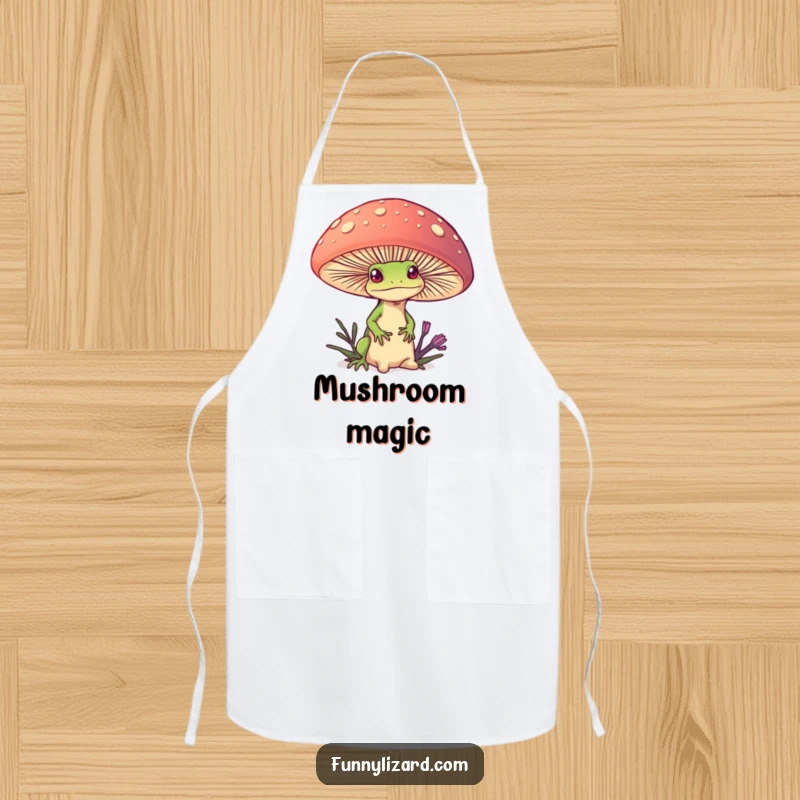 Funny apron showing a curious lizard peeking from behind a giant, colorful mushroom, perfect for magical cooking.