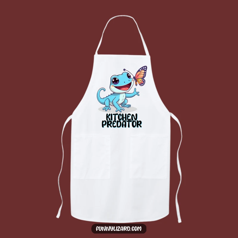 Funny Playful Blue Lizard Apron - Grinning Butterfly Chase Kitchen Fun, Chef Gift