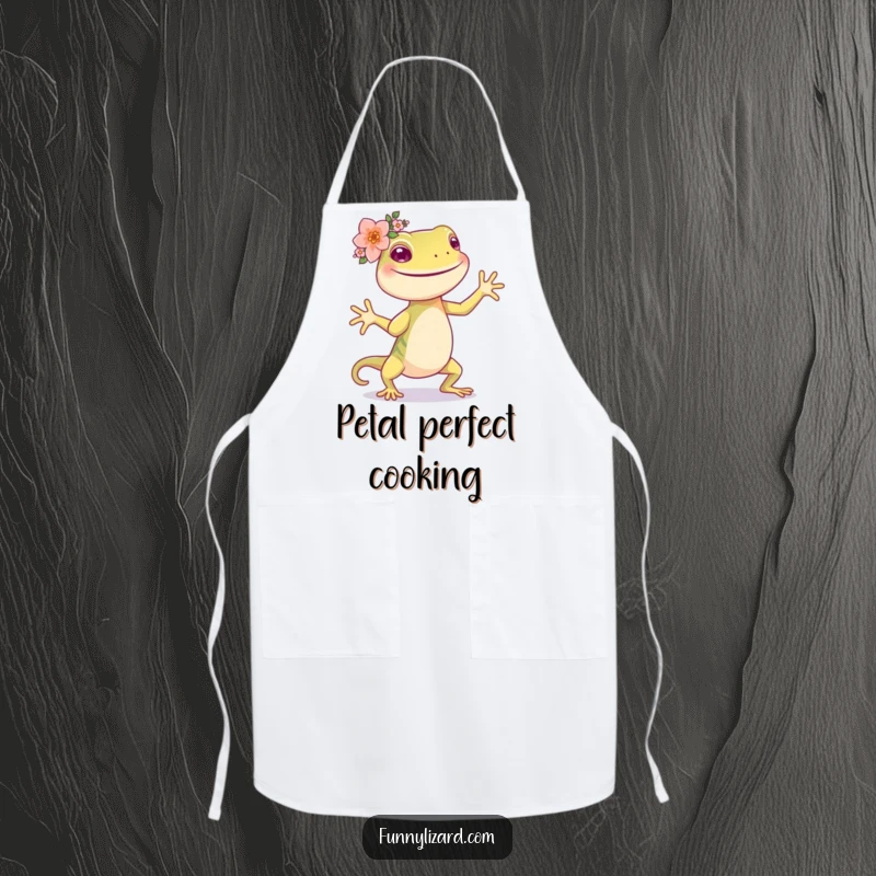 Funny happy lizard with a flower crown, dancing while wearing a cute kitchen apron.