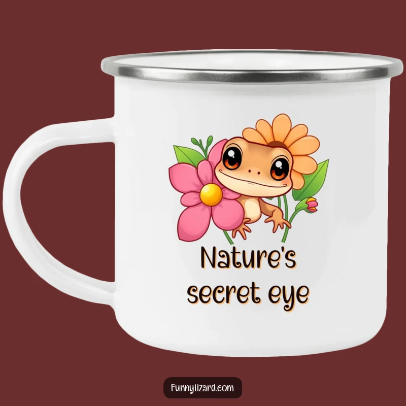 Funny Curious Lizard Camping Mug - Big Eyes Peeking Flower Enamel Mug, Outdoor Gift