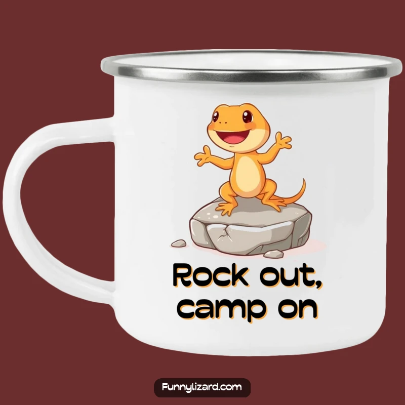 Funny Happy Orange Lizard Camping Mug - Dancing Jig On Rock Enamel Mug, Outdoor Gift