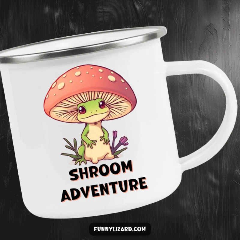 Funny camping mug featuring a curious lizard peeking from behind a giant, colorful mushroom, perfect for magical outdoor moments.