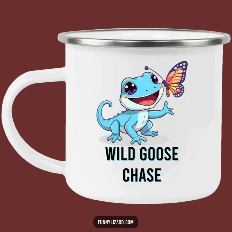 Funny Playful Blue Lizard Camping Mug - Grinning Butterfly Chase Enamel Mug, Outdoor Gift