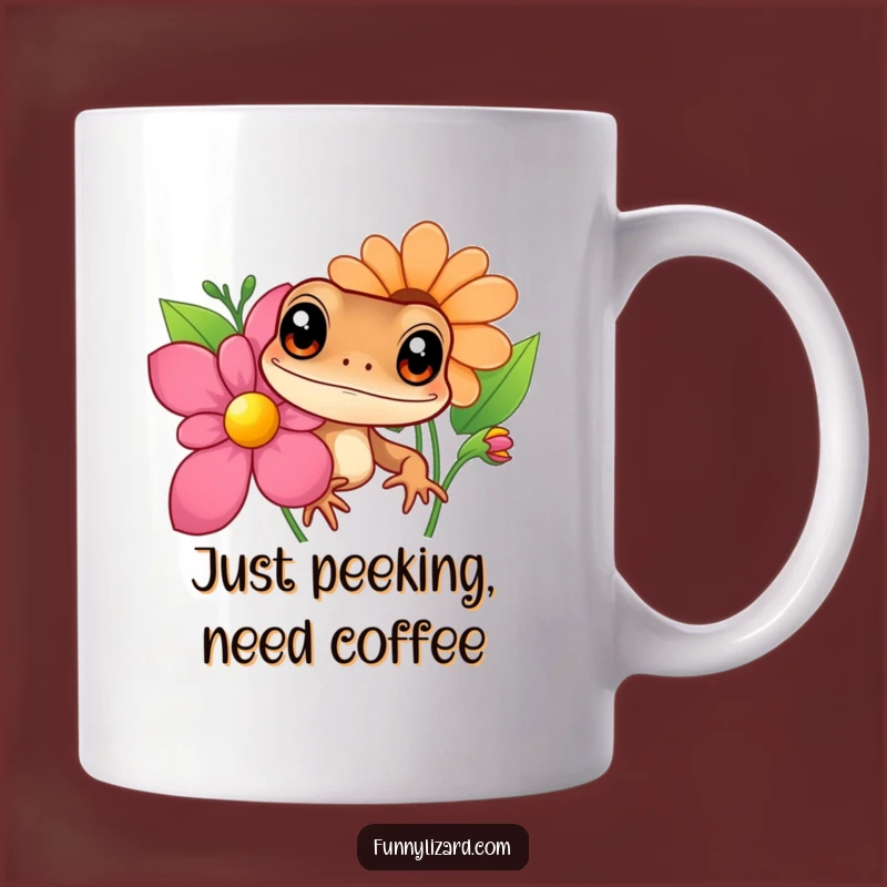 Funny Curious Brown Lizard Mug - Adorable Big Eyes Peeking Flower Design, Perfect Gift