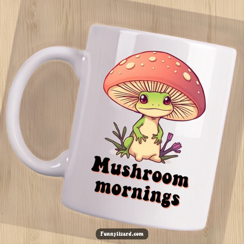 Funny mug featuring a curious lizard peeking from behind a giant, colorful mushroom, conveying wonder and playful discovery.