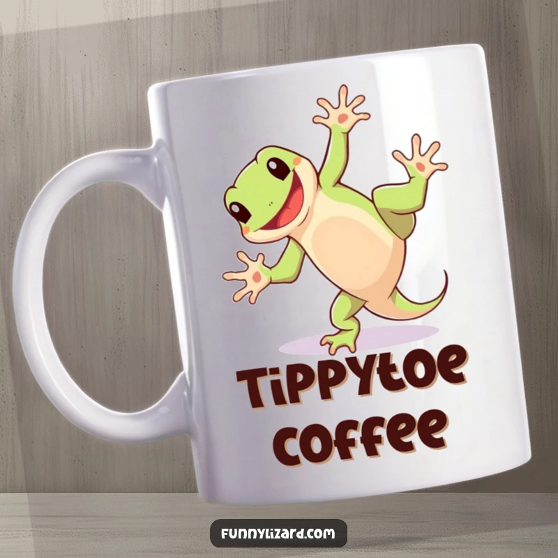 Funny mug showing a playful lizard doing a cartwheel with a wide, happy grin, full of energetic fun.
