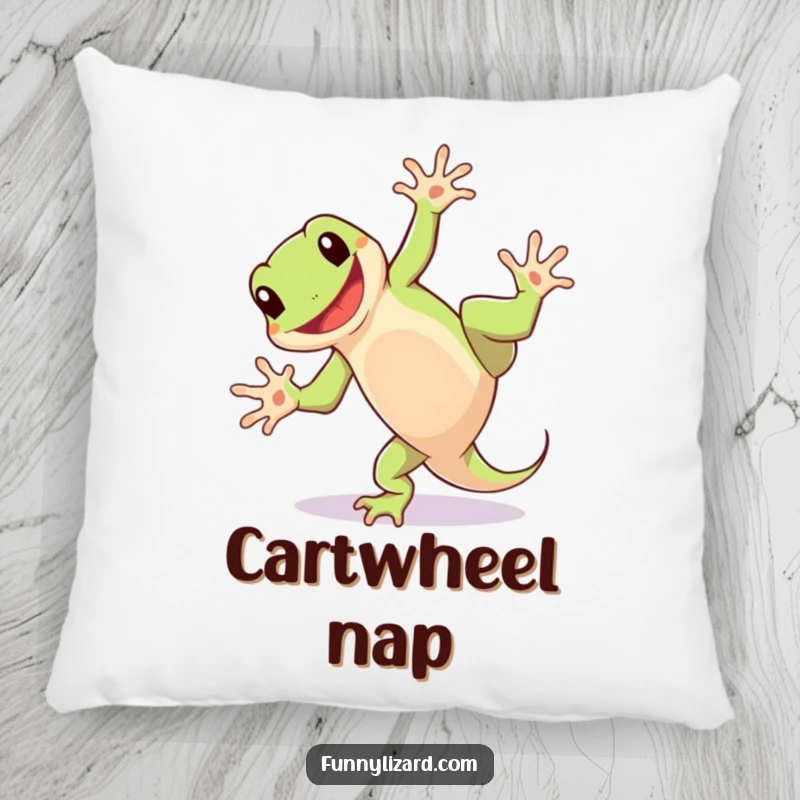 Funny pillow featuring a playful lizard doing a cartwheel with a happy grin, offering cozy comfort and a dose of humor.