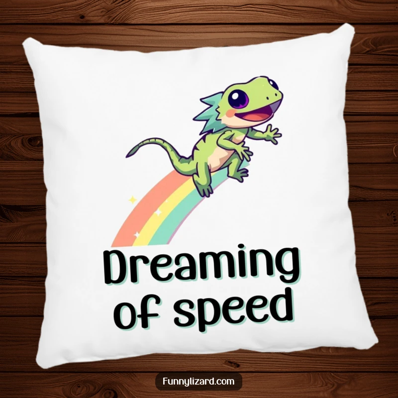 Funny lizard zooming down a sparkling rainbow, depicted on a soft, decorative pillow for ultimate comfort.