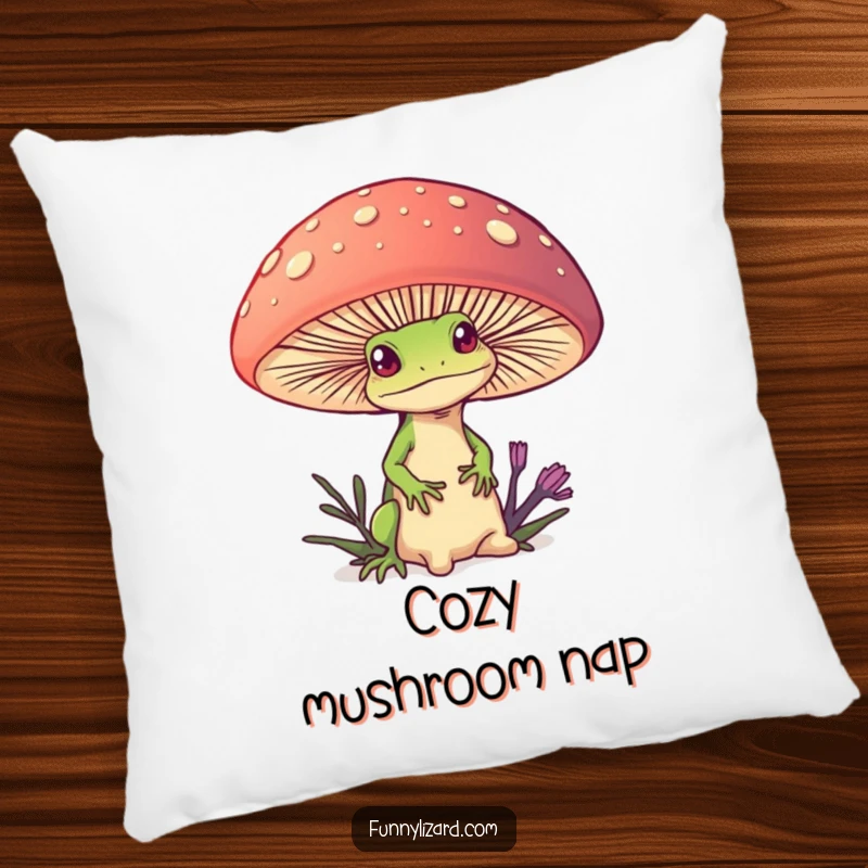 Funny pillow featuring a curious lizard peeking from behind a giant, colorful mushroom, offering cozy comfort and whimsical humor.