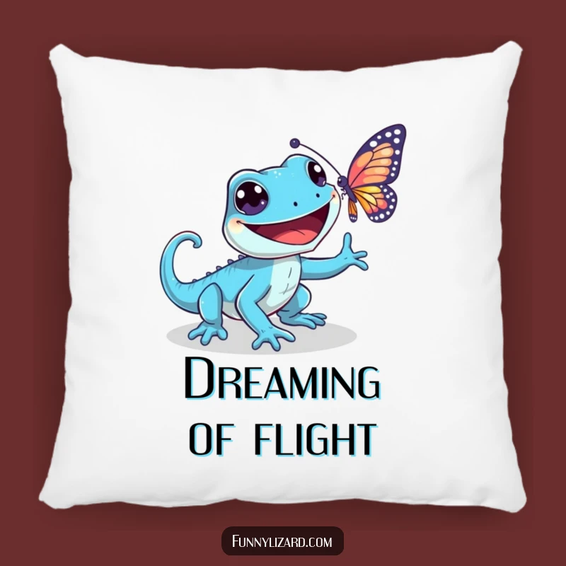 Funny Playful Blue Lizard Pillow - Grinning Butterfly Chase Accent Pillow, Cozy Gift
