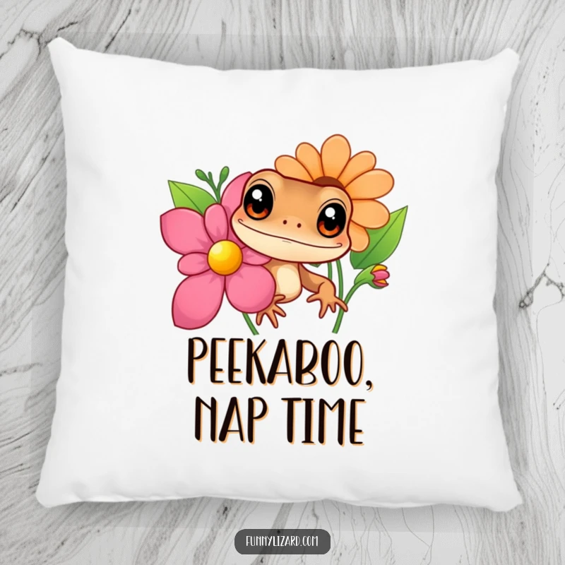 Funny brown lizard pillow, featuring a curious lizard with big eyes peeking from behind a colorful flower, adding a touch of humor to sofas.