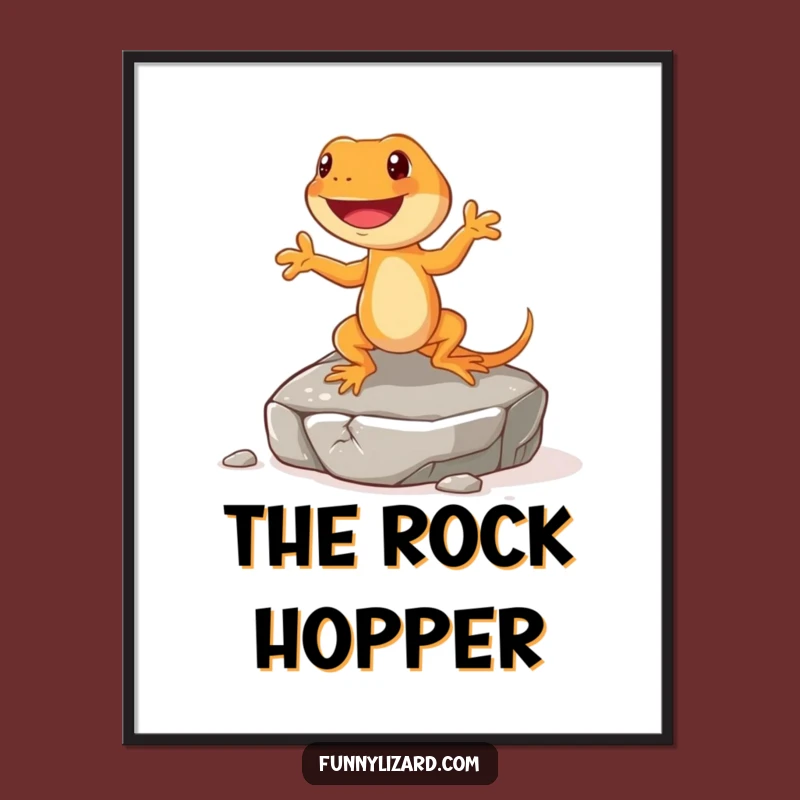 Funny Happy Orange Lizard Digital Art - Dancing Jig On Rock Print, Instant Gift