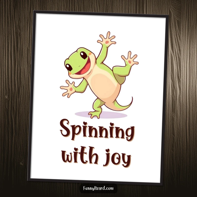 Funny digital art print of a playful lizard doing a cartwheel with a wide grin, offering instant energetic decor and humor.