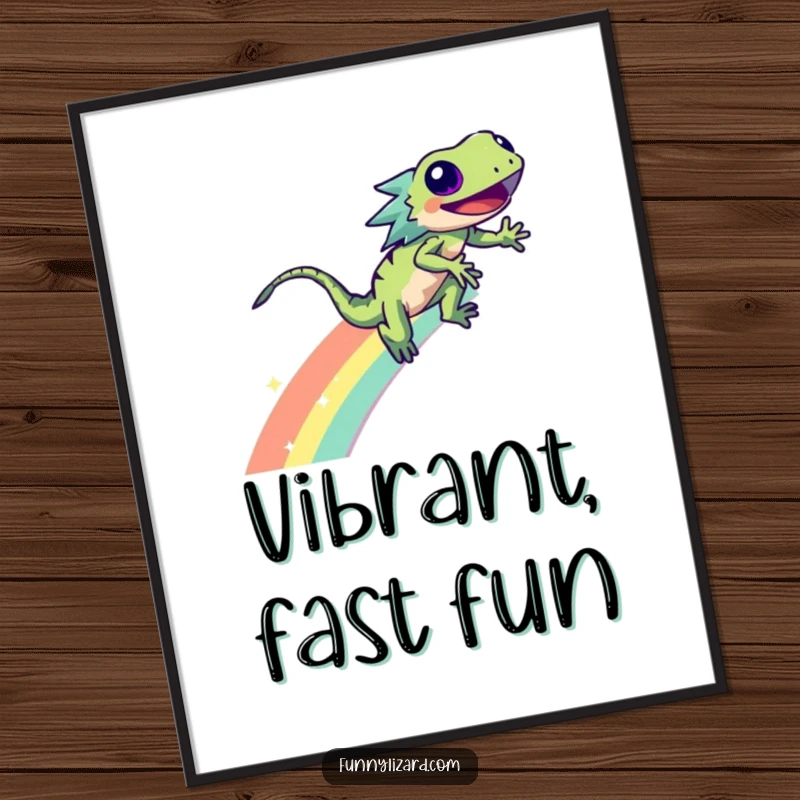 Funny energetic lizard zooming down a sparkling rainbow, ready to be printed as digital art.
