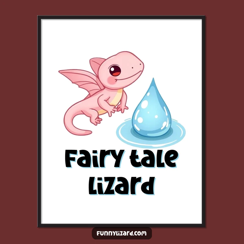 Funny Pink Lizard Digital Art - Tiny Wings Flapping Water Droplet Print, Instant Gift