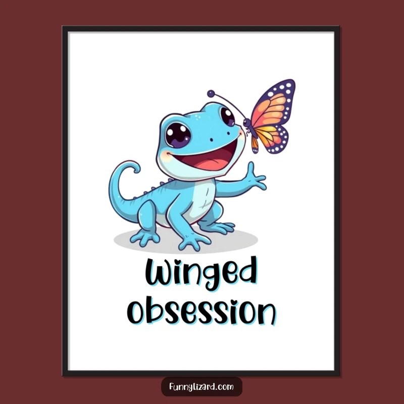 Funny Playful Blue Lizard Digital Art - Grinning Butterfly Chase Print, Instant Gift