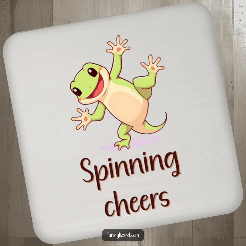 Funny drink coasters with a playful lizard doing a cartwheel and grinning, adding energetic humor to tables.