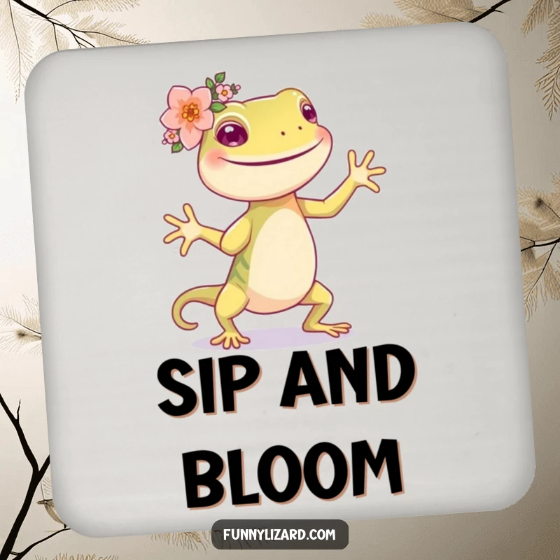 Funny happy lizard wearing a flower crown, dancing on a set of colorful drink coasters.