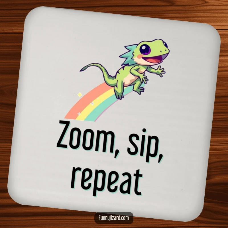 Funny lizard zooming down a sparkling rainbow, depicted on a set of colorful drink coasters.