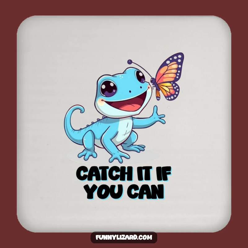 Funny Playful Blue Lizard Drink Coaster - Grinning Butterfly Chase Bar Decor, Unique Gift