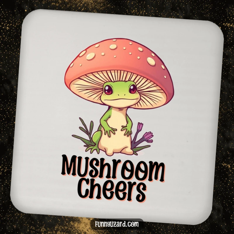 Funny drink coasters with a curious lizard peeking from behind a giant, colorful mushroom, adding whimsical humor to tables.