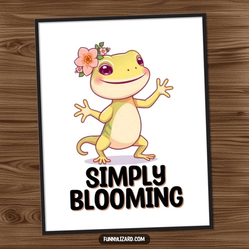 Funny happy lizard wearing a tiny flower crown, dancing with glee, presented as wall art.