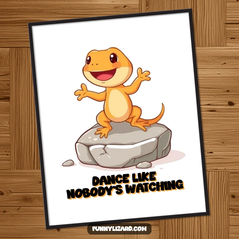 Funny orange lizard poster, showing a happy lizard with short legs doing a little jig on a rock, a lively and cheerful artwork.