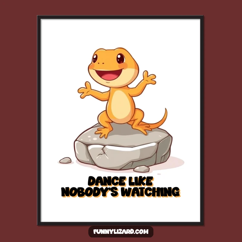 Funny Happy Orange Lizard Poster - Dancing Jig On Rock Wall Art, Humorous Decor