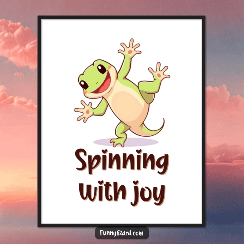 Funny poster artwork of a playful lizard doing a cartwheel with a wide, happy grin, creating a scene of energetic fun.