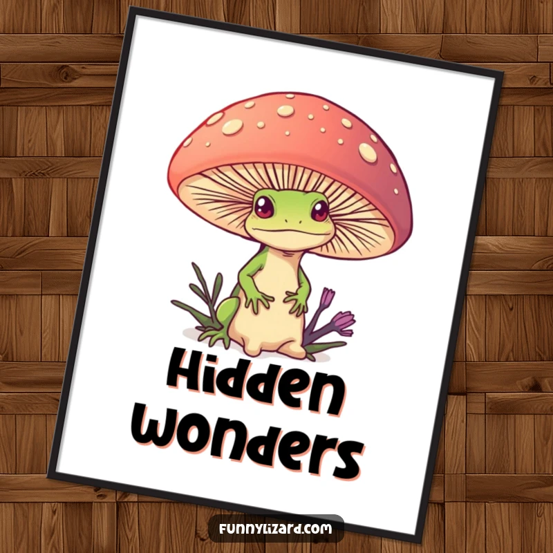 Funny poster artwork of a curious lizard peeking from behind a giant, colorful mushroom, creating a scene of forest magic.
