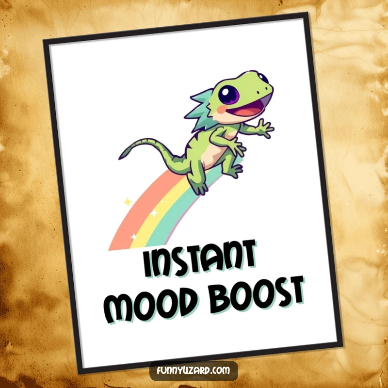 Funny lizard energetically zooming down a bright rainbow with a sparkling trail, creating a whimsical art print.