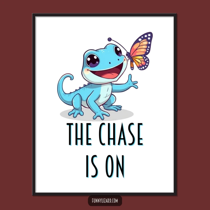 Funny Playful Blue Lizard Poster - Grinning Butterfly Chase Wall Art, Humorous Decor