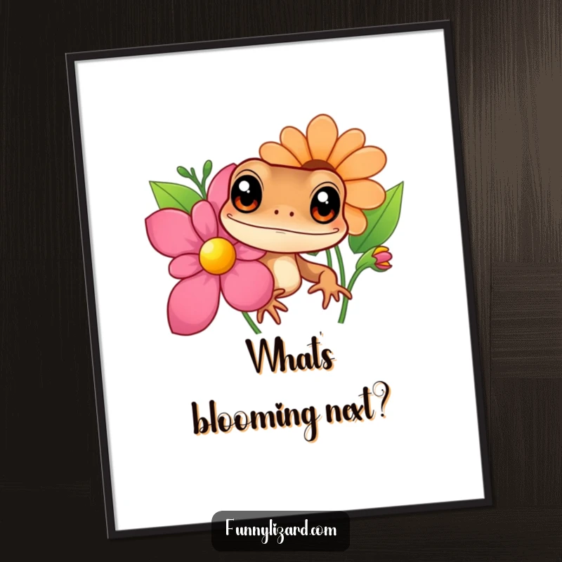 Funny brown lizard poster, depicting a curious lizard with large eyes peeking from behind a colorful flower, creating a whimsical wall art.