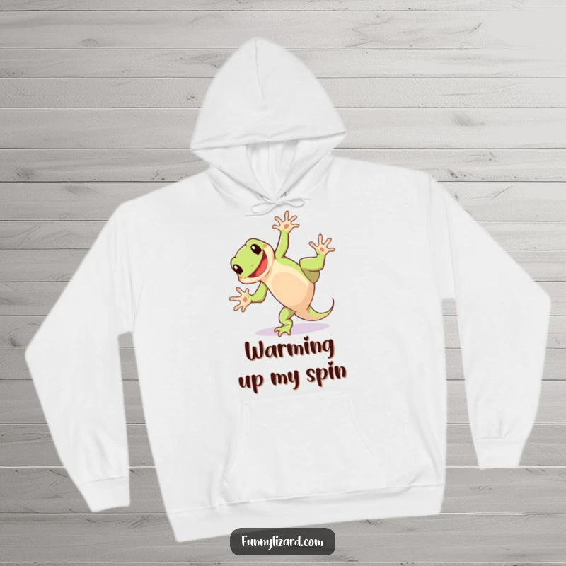 Funny hoodie featuring a playful lizard doing a cartwheel with a happy grin, offering cozy comfort and humorous energy.