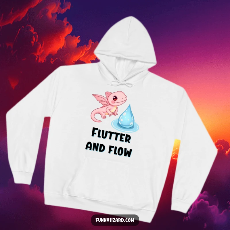 Funny pink lizard hoodie, depicting a whimsical lizard with tiny wings gently flapping near a water droplet, cozy and enchanting.