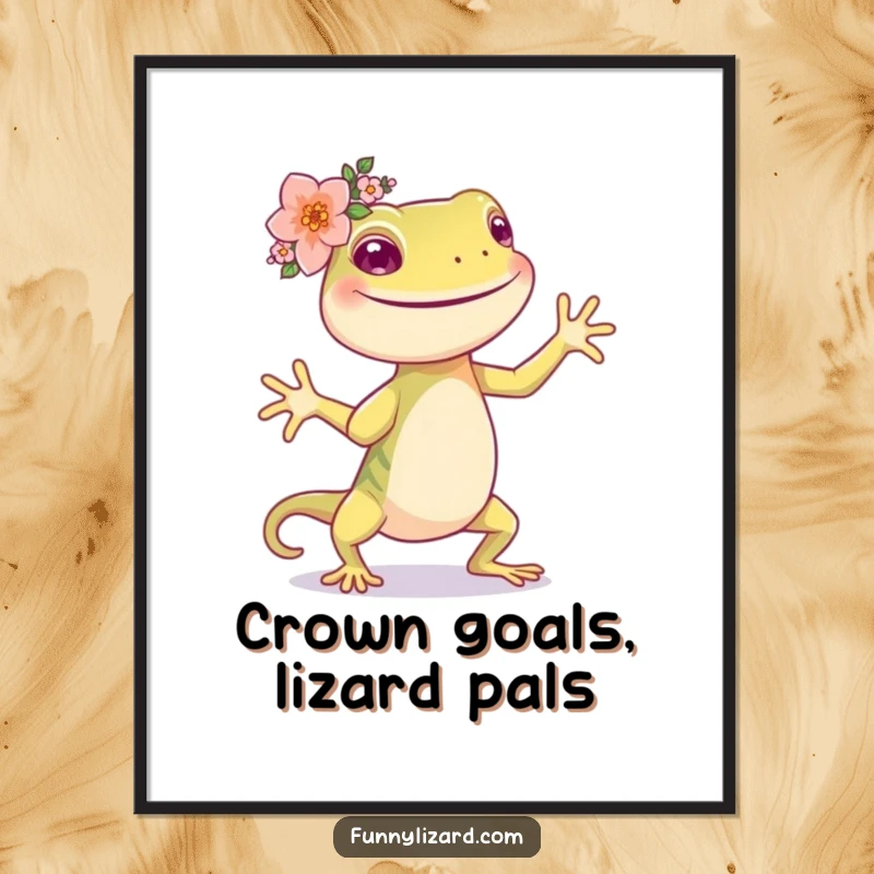 Funny Free Printable Wall Art: A happy lizard dances joyfully, wearing a small, delicate flower crown on its head.