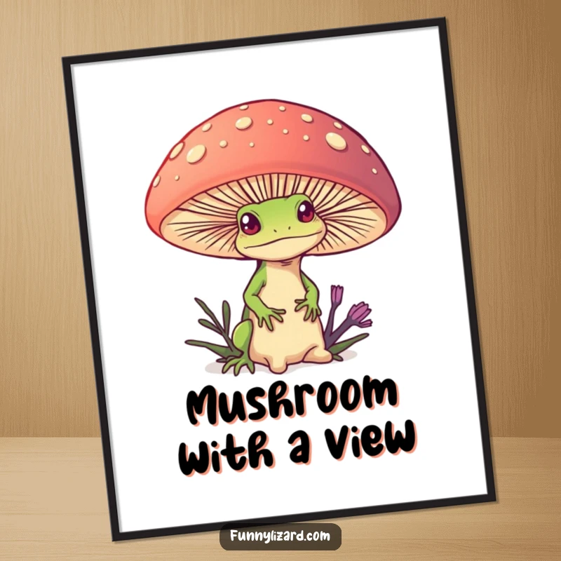 Funny Free Printable Wall Art: Curious lizard peeking from behind a giant colorful mushroom, creating whimsical decor.