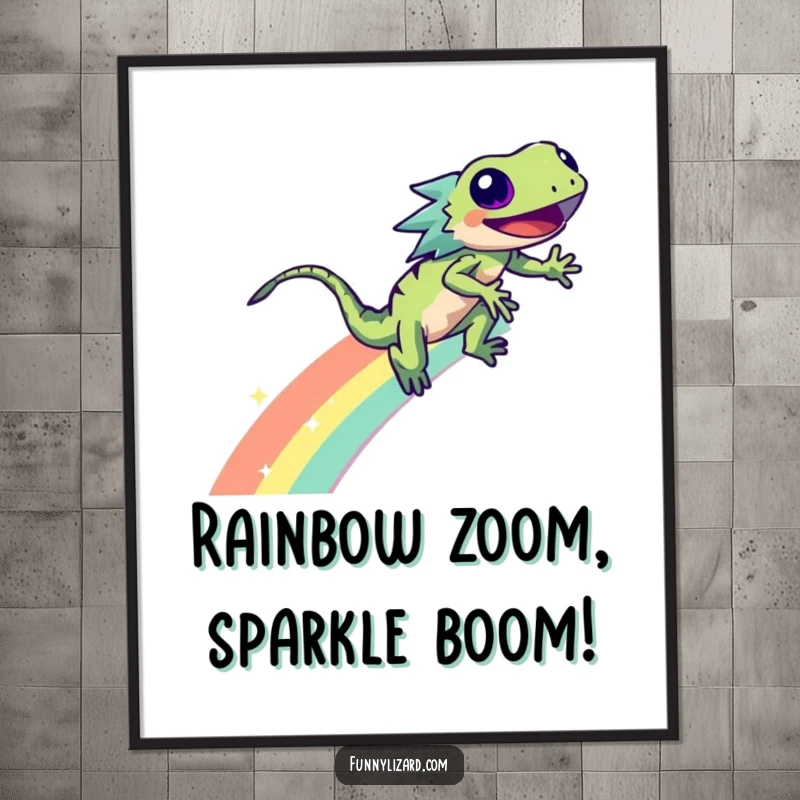 Funny Free Printable Wall Art: An energetic lizard zooms down a vibrant rainbow, leaving a shimmering trail of sparkles.