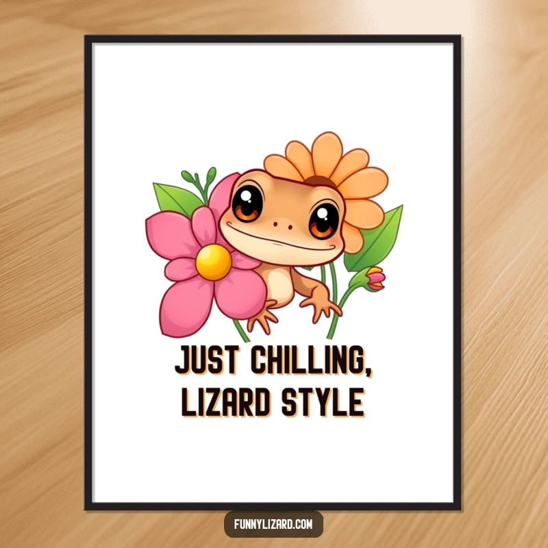 Funny Free Printable Wall Art: Curious brown lizard with big eyes peeking playfully from behind a colorful, detailed flower, adding artistic flair.