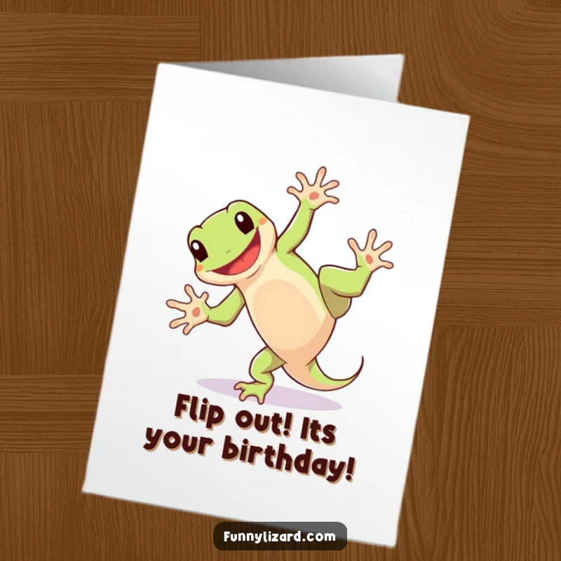 Funny Free Printable Birthday Card: Playful lizard doing a cartwheel with a wide happy grin, celebrating joyfully.