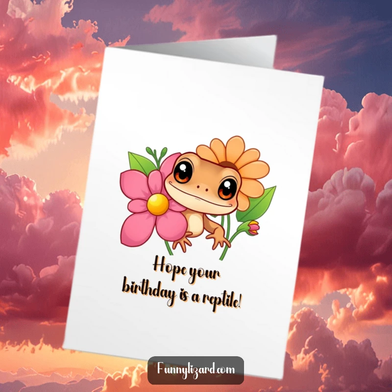Funny Free Printable Birthday Card: Curious brown lizard with big eyes peeking from behind a vibrant flower, ready to wish Happy Birthday.
