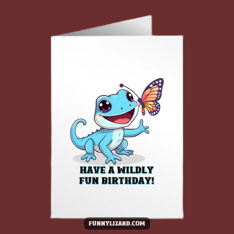 Free Printable Birthday Card: Playful Blue Lizard Butterfly Chase Fun Gift