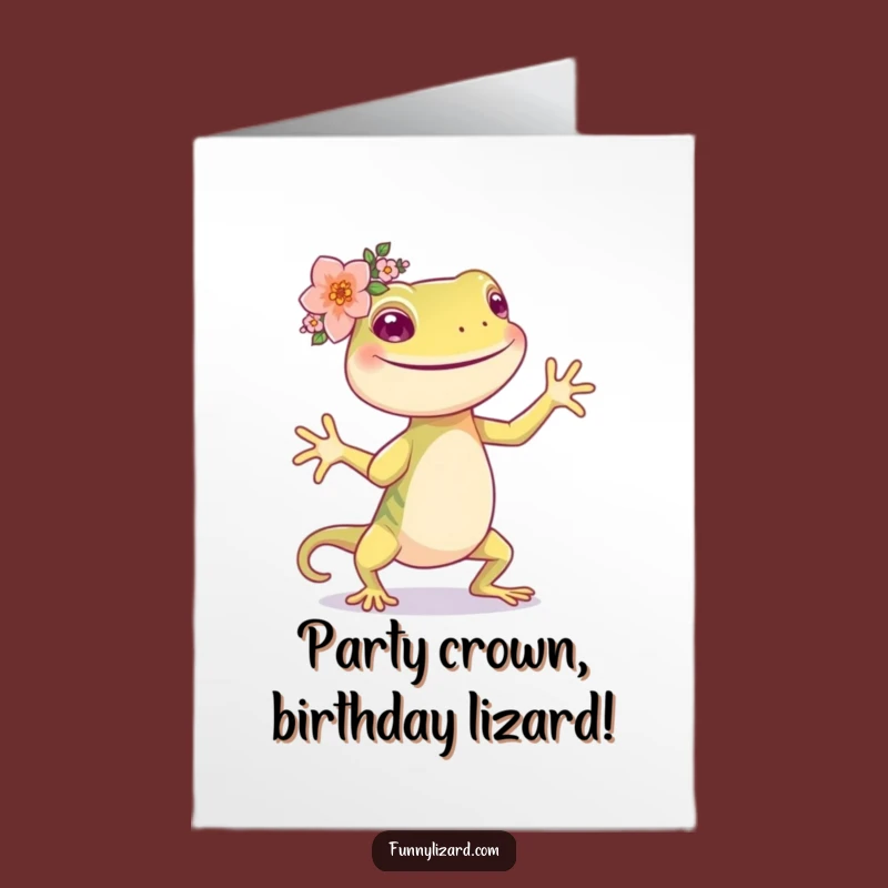 Free Printable Birthday Card: Dancing Lizard Flower Crown! Whimsical Downloadable Gift for Joy.