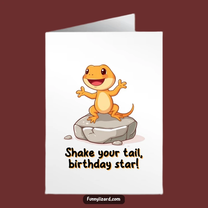Free Printable Birthday Card: Happy Orange Lizard Jigging Fun Downloadable Gift