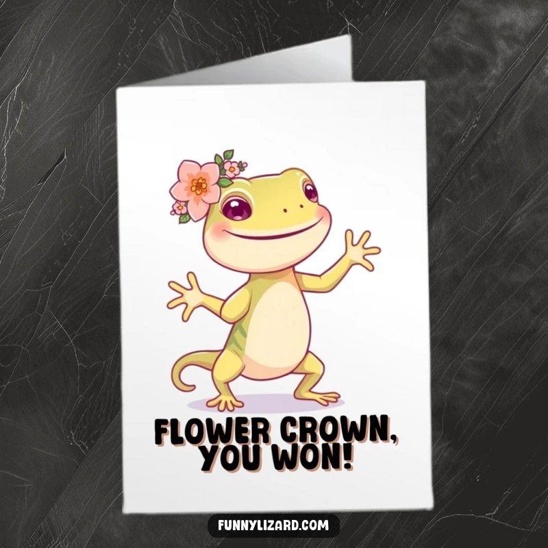 Funny Free Printable Congratulations Card: A happy lizard is dancing while wearing a cute, tiny flower crown.