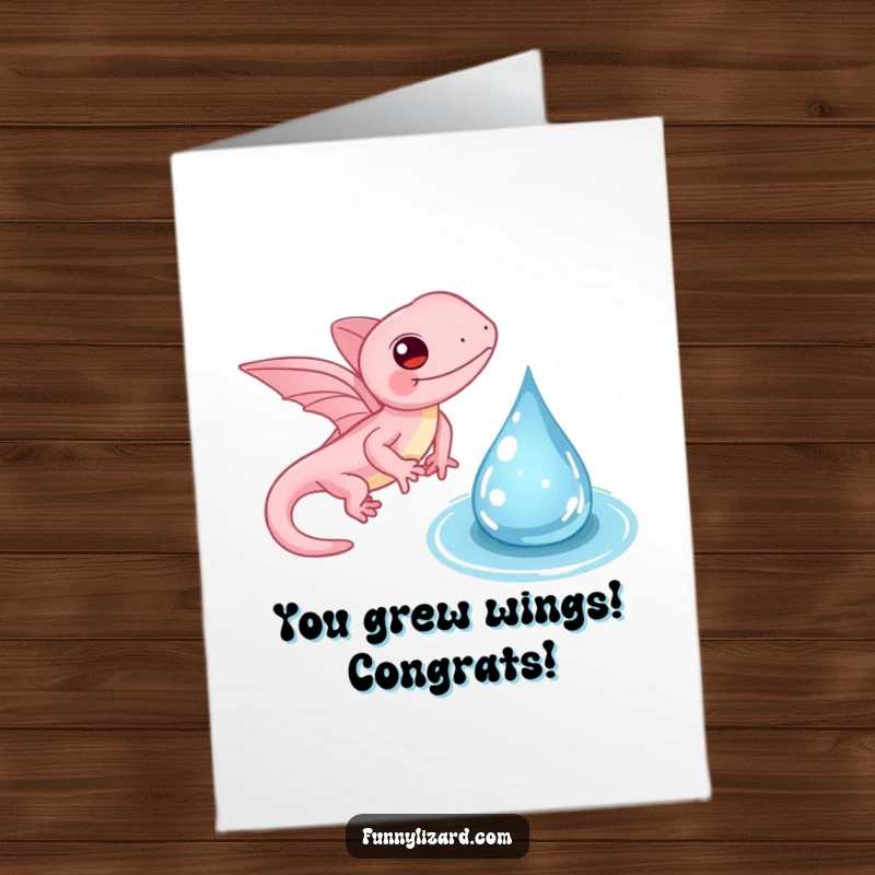 Funny Free Printable Congratulations Card: Pink lizard with tiny wings gently flapping near a water droplet, symbolizing grace and success.