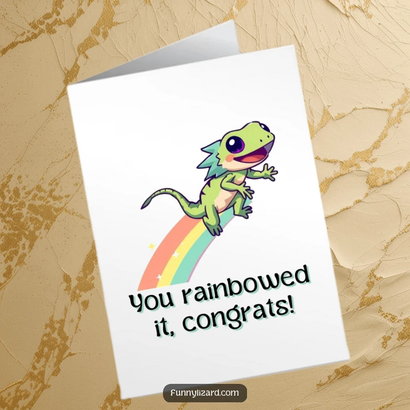Funny Free Printable Congratulations Card: Energetic lizard speeding down a rainbow, leaving a trail of sparkles in celebration.