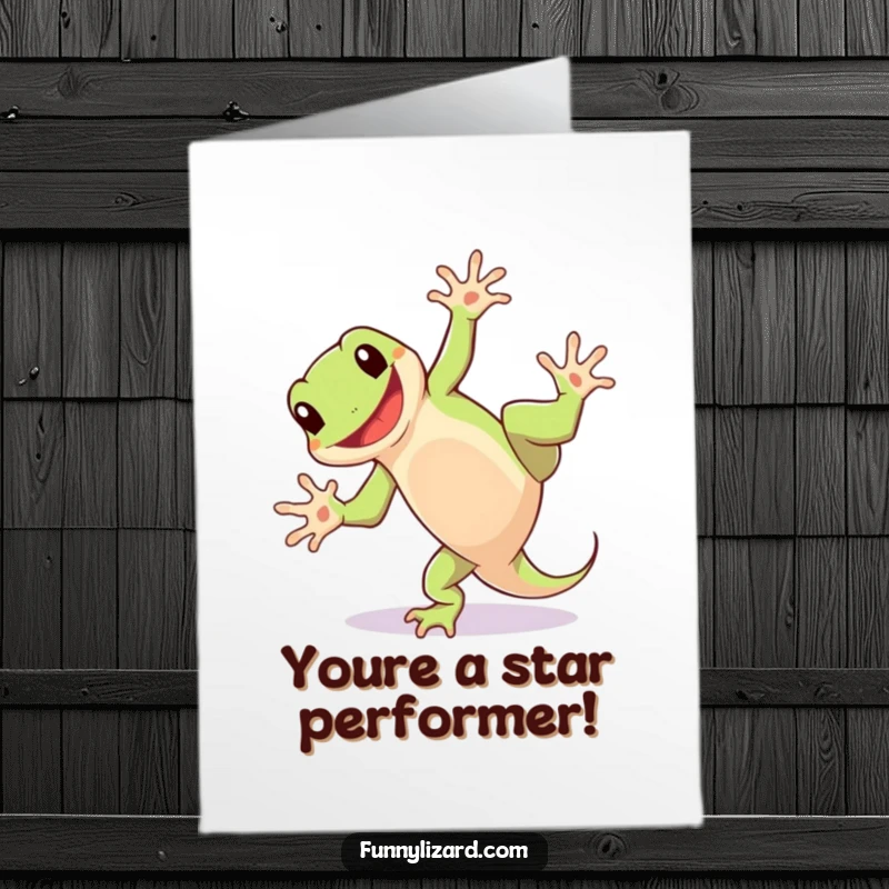 Funny Free Printable Congratulations Card: Playful lizard doing a cartwheel with a wide happy grin, celebrating achievement.