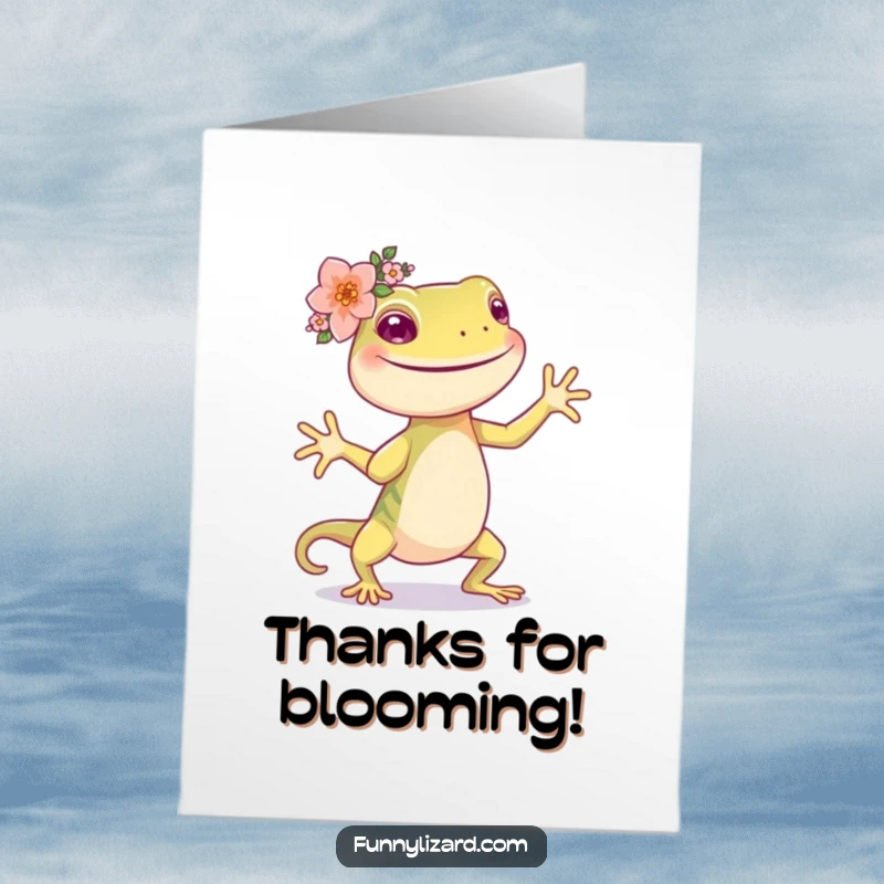 Funny Free Printable Thank You Card: A happy lizard wearing a tiny flower crown dances gracefully.