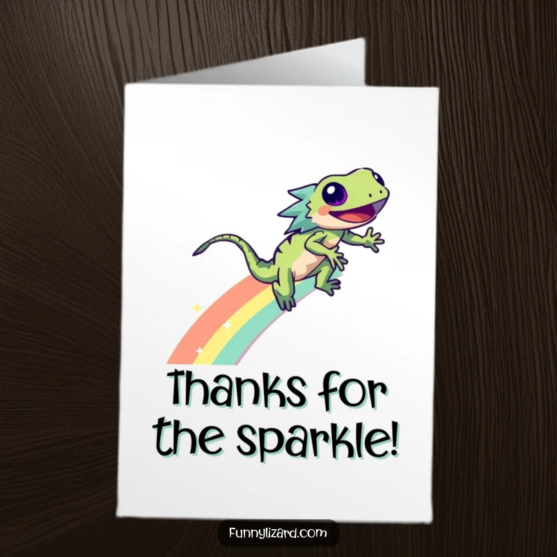 Funny Free Printable Thank You Card: Energetic lizard gracefully zooming down a rainbow with a dazzling sparkle trail.